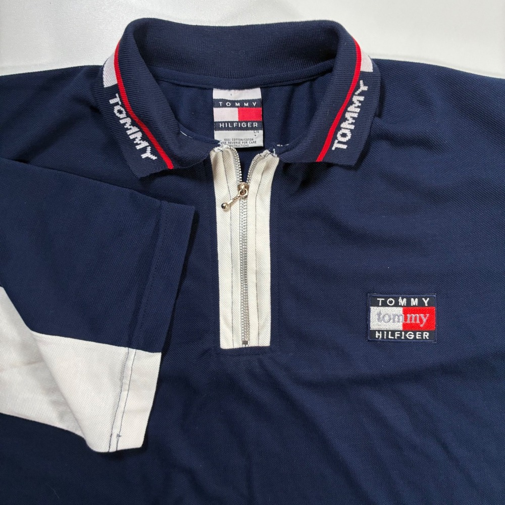 Vintage Tommy Hilfiger Polo Shirt Large Blue Colorblock Quarter Zip 90s Y2K